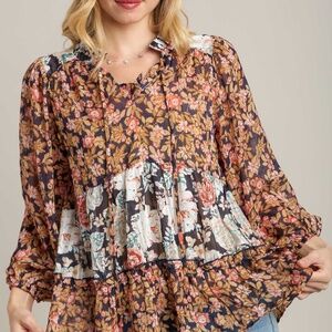 Umgee Multicolor Floral Tiered Peasant Blouse